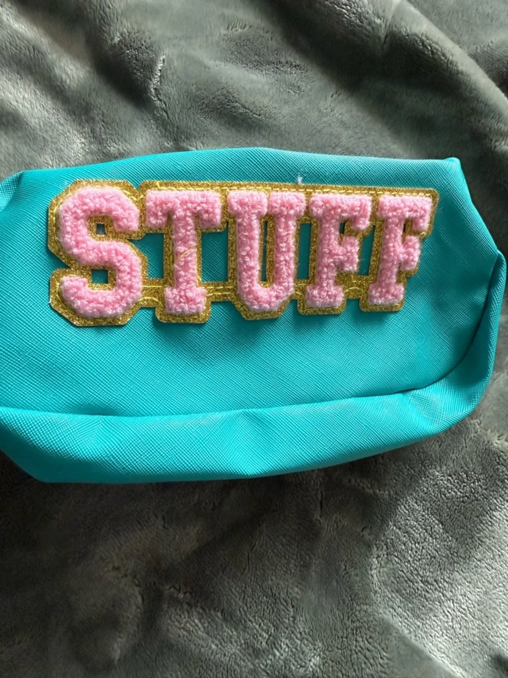 Turquoise 'STUFF' Cosmetic Pouch with Pink Chenille Patch